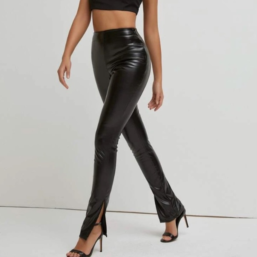 Black Split Hem Leather Pants